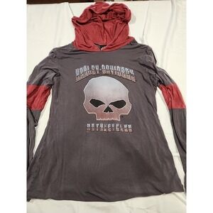 Harley Davidson Shirt Womens Medium Long Sleeve Bling Grey Burgandy Skull